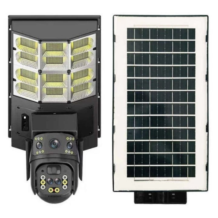 Lampa stradala solara cu camera de supraveghere tripla, conectivitate 4G, PTZ inteligent si interfon vocal bidirectional, negru