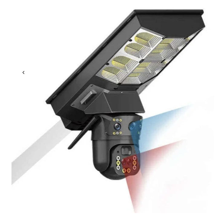 Lampa stradala solara cu camera de supraveghere tripla, conectivitate 4G, PTZ inteligent si interfon vocal bidirectional, negru