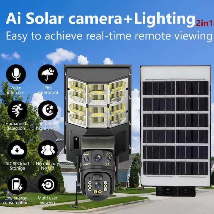 Lampa stradala solara fara fir, impermeabila, cu sfera, supraveghere de inalta definitie, cu telecomanda, camera WiFi, inteligent si interfon vocal bidirectional, negru