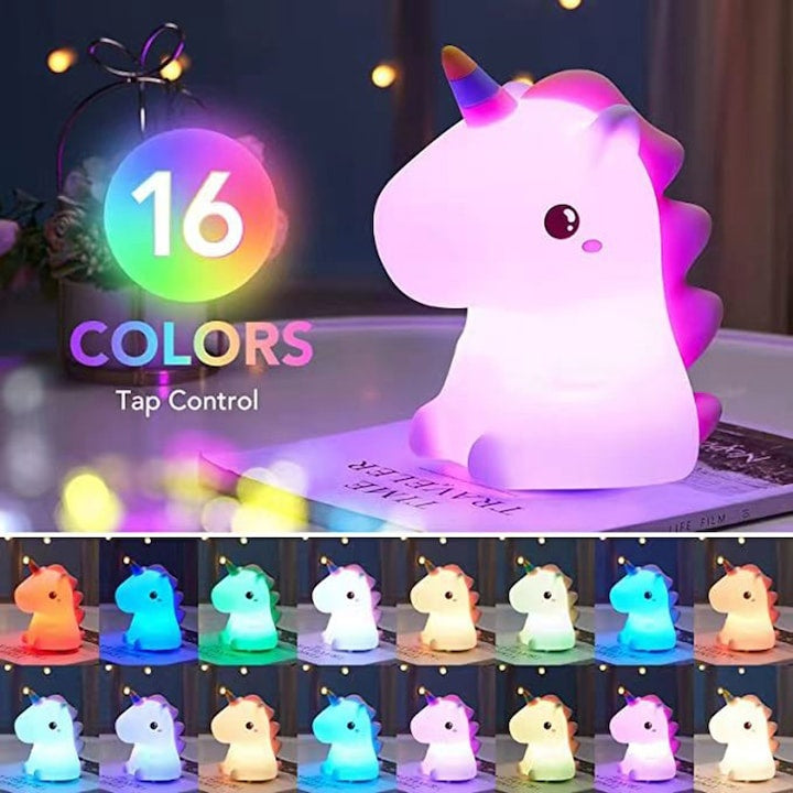 Lampa veghe pentru copii, unicorn, lumini RGB, control tactil, cu 16 culori, baterie incorporata, alb