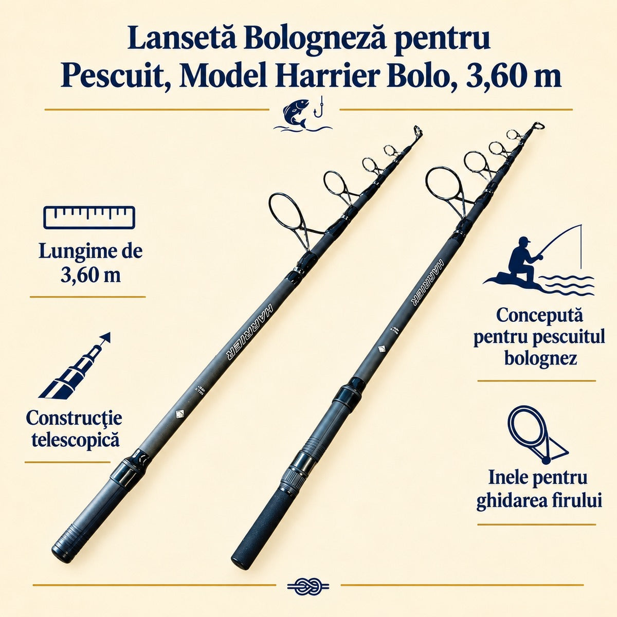 Lansetă Bologneză pentru Pescuit, Model Harrier Bolo, 3,60 m – caracteristici și beneficii