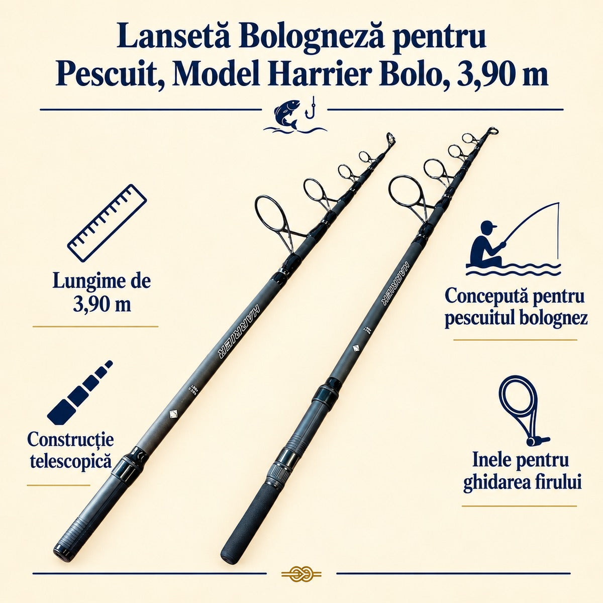 Lansetă Bologneză pentru Pescuit, Model Harrier Bolo, 3,90 m – caracteristici și beneficii
