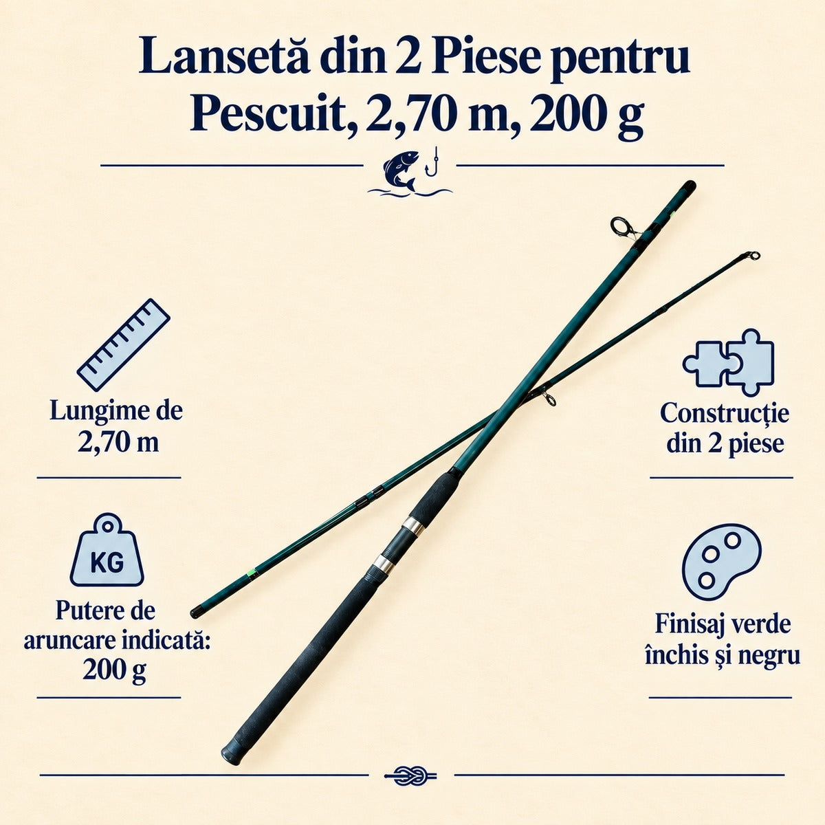 Lansetă din 2 Piese pentru Pescuit, 2,70 m, 200 g – caracteristici și beneficii