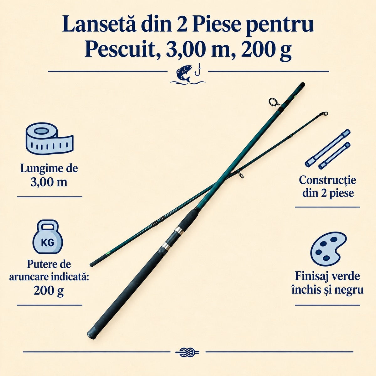 Lansetă din 2 Piese pentru Pescuit, 3,00 m, 200 g – caracteristici și beneficii