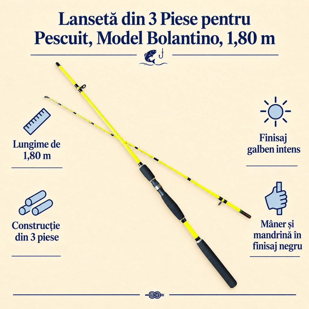 Lansetă din 3 Piese pentru Pescuit, Model Bolantino, 1,80 m – caracteristici și beneficii
