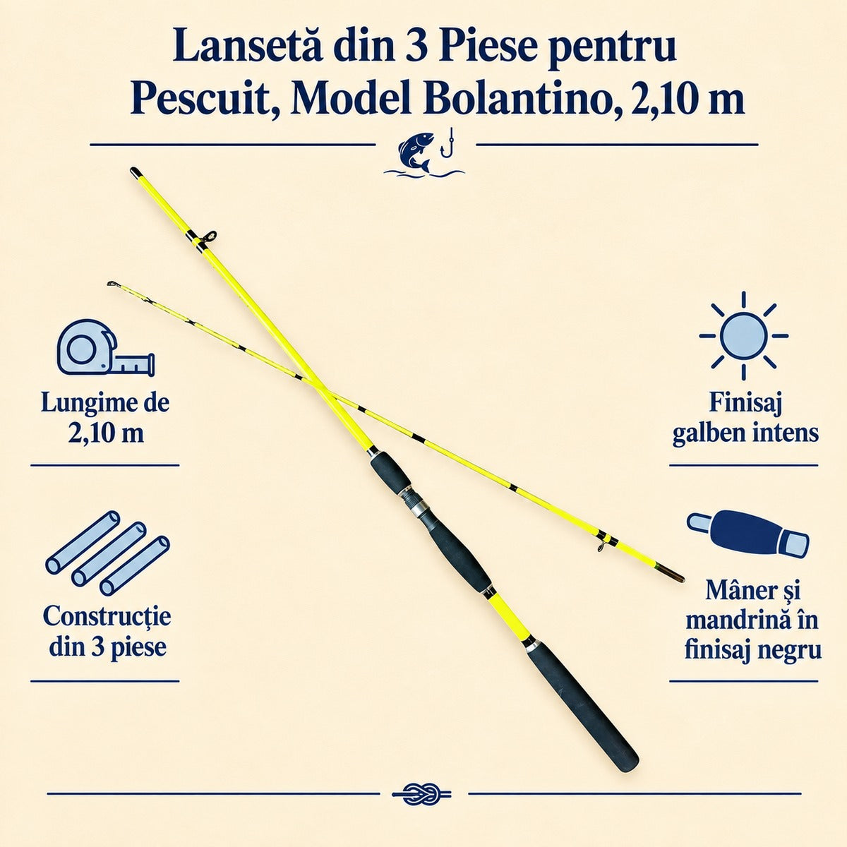 Lansetă din 3 Piese pentru Pescuit, Model Bolantino, 2,10 m – caracteristici și beneficii
