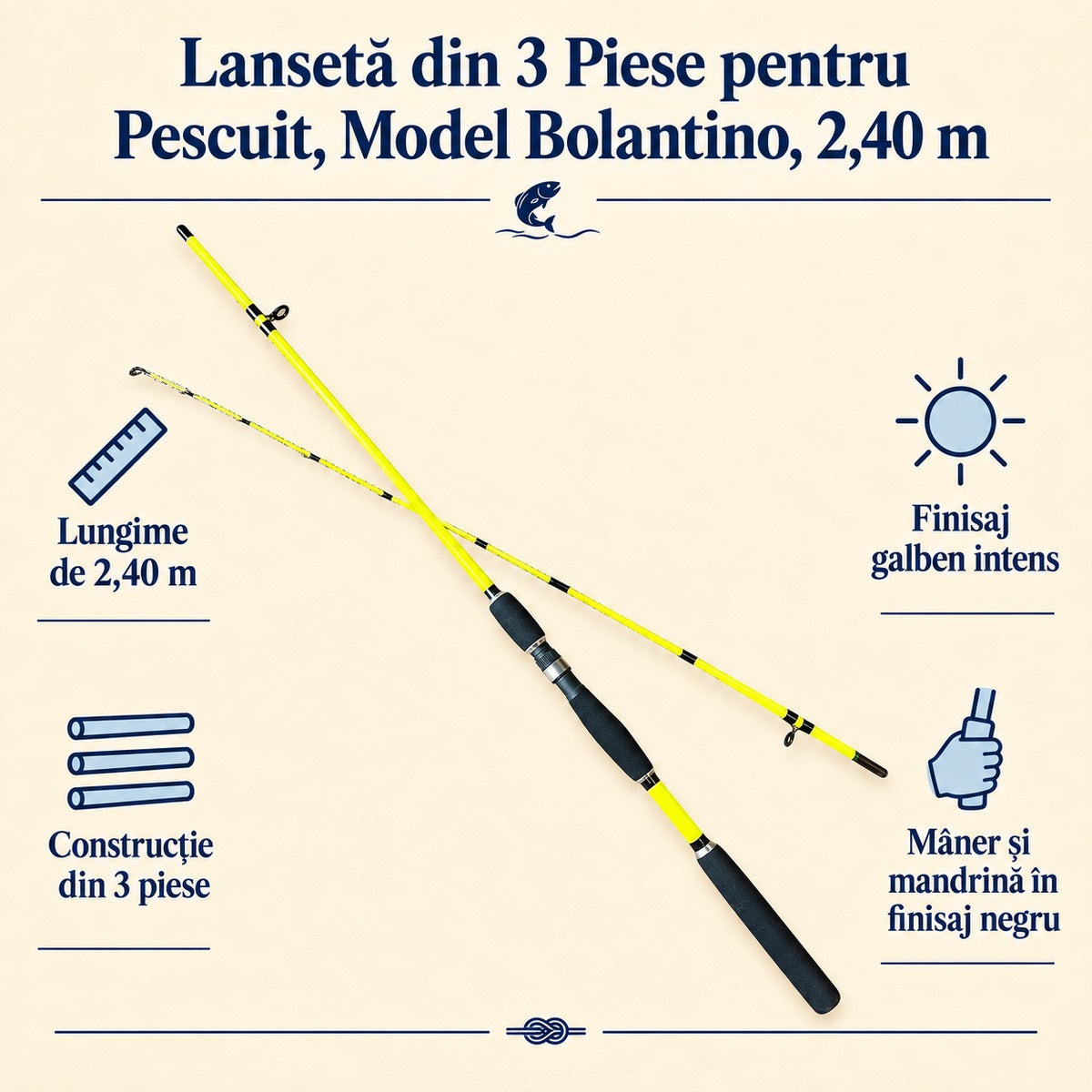 Lansetă din 3 Piese pentru Pescuit, Model Bolantino, 2,40 m – caracteristici și beneficii