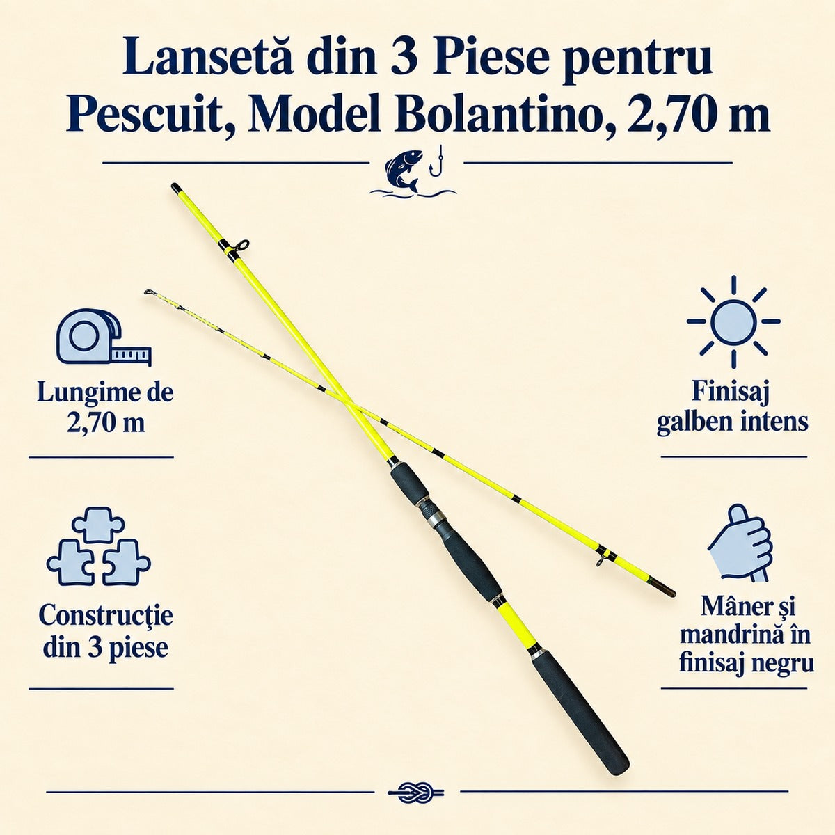 Lansetă din 3 Piese pentru Pescuit, Model Bolantino, 2,70 m – caracteristici și beneficii