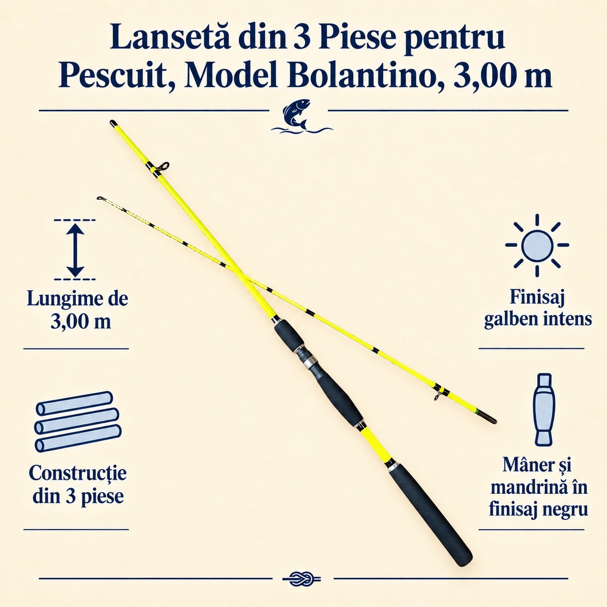 Lansetă din 3 Piese pentru Pescuit, Model Bolantino, 3,00 m – caracteristici și beneficii