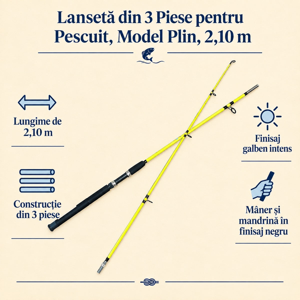 Lansetă din 3 Piese pentru Pescuit, Model Plin, 2,10 m – caracteristici și beneficii