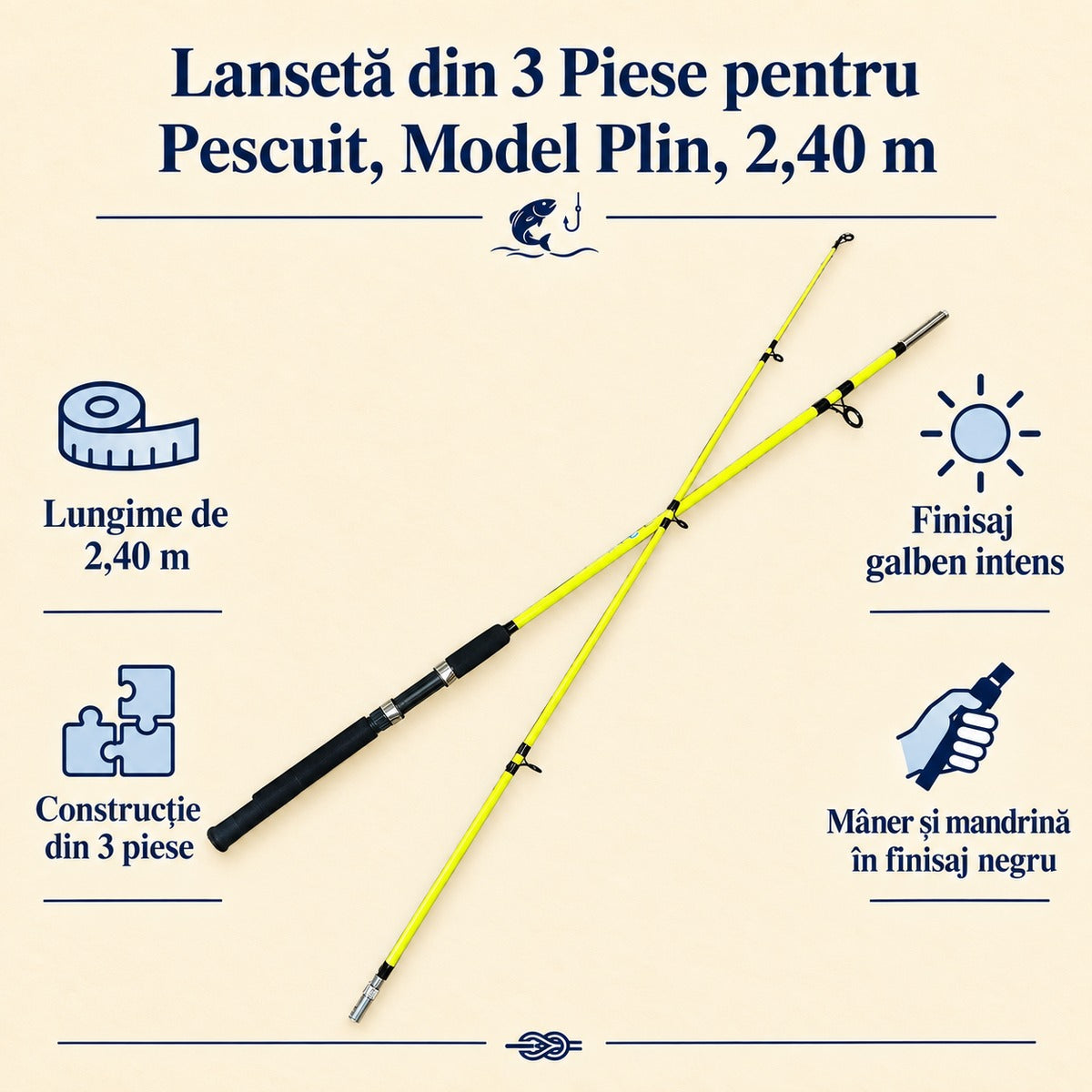 Lansetă din 3 Piese pentru Pescuit, Model Plin, 2,40 m – caracteristici și beneficii