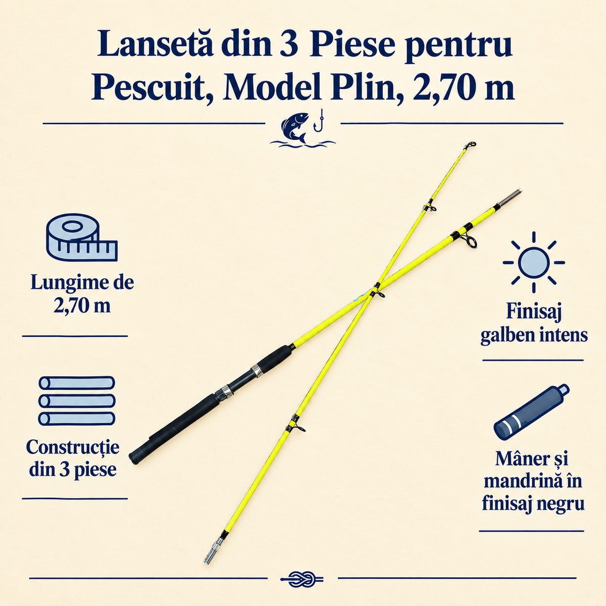 Lansetă din 3 Piese pentru Pescuit, Model Plin, 2,70 m – caracteristici și beneficii