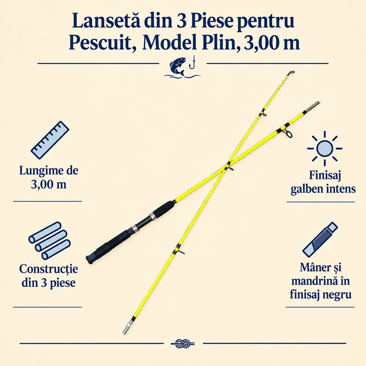 Lansetă din 3 Piese pentru Pescuit, Model Plin, 3,00 m – caracteristici și beneficii
