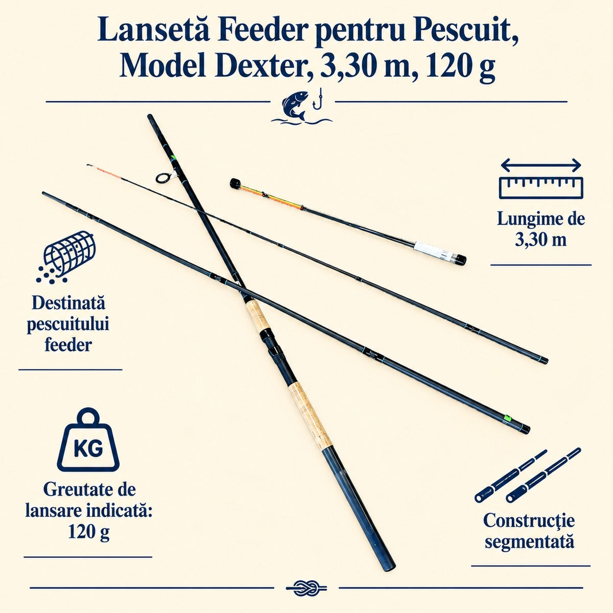 Lansetă Feeder pentru Pescuit, Model Dexter, 3,30 m, 120 g – caracteristici și beneficii