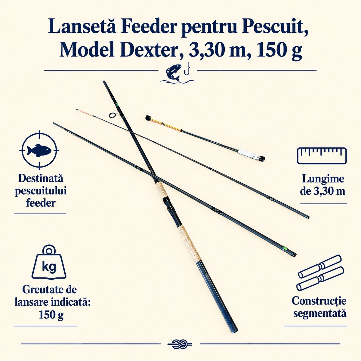 Lansetă Feeder pentru Pescuit, Model Dexter, 3,30 m, 150 g – caracteristici și beneficii