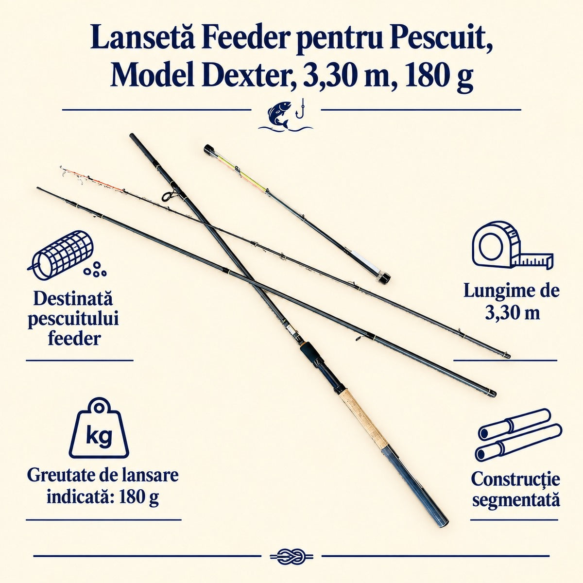 Lansetă Feeder pentru Pescuit, Model Dexter, 3,30 m, 180 g – caracteristici și beneficii