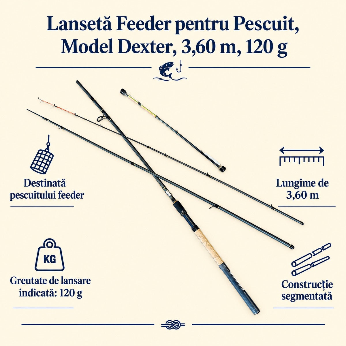 Lansetă Feeder pentru Pescuit, Model Dexter, 3,60 m, 120 g – caracteristici și beneficii