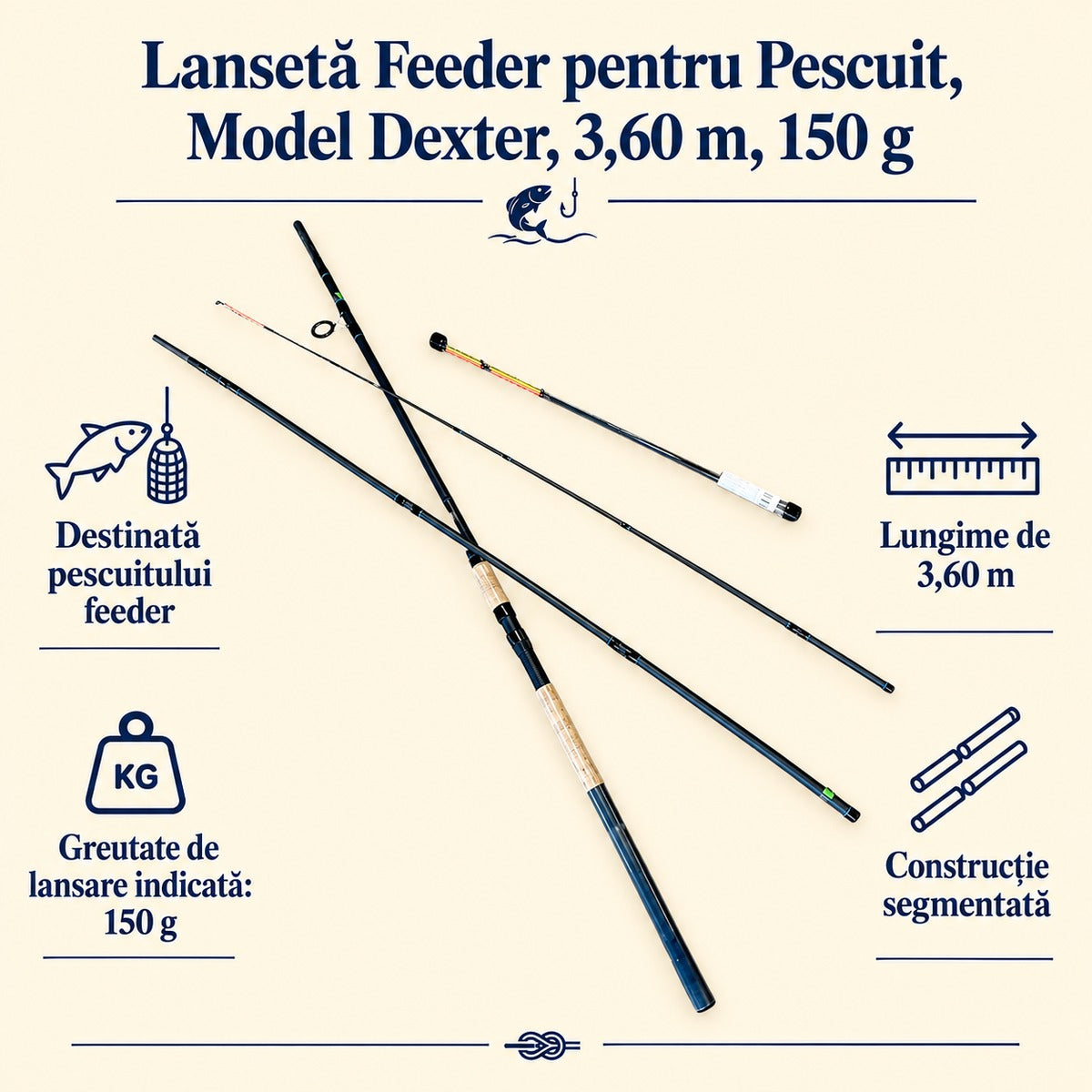 Lansetă Feeder pentru Pescuit, Model Dexter, 3,60 m, 150 g – caracteristici și beneficii