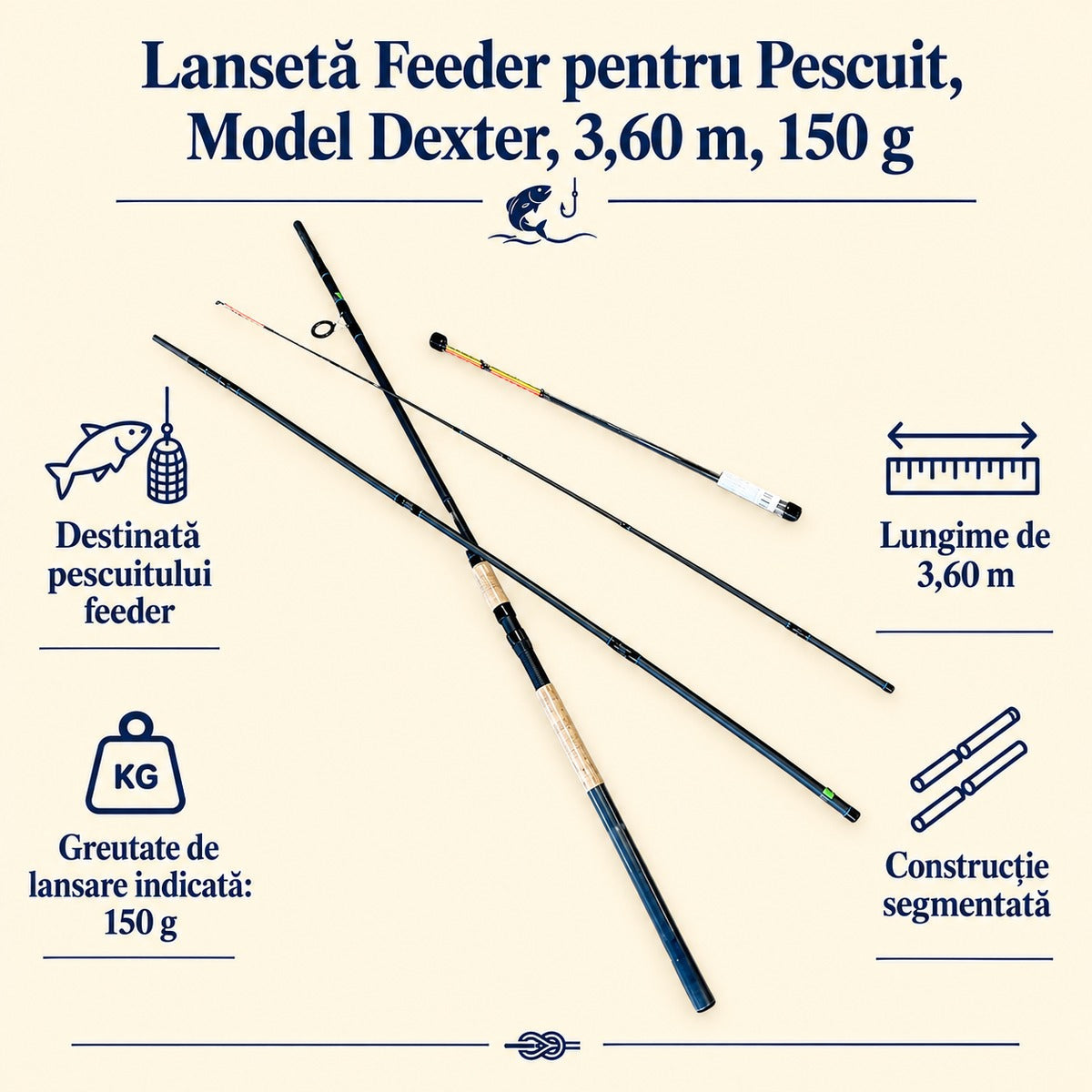 Lansetă Feeder pentru Pescuit, Model Dexter, 3,60 m, 150 g – caracteristici și beneficii