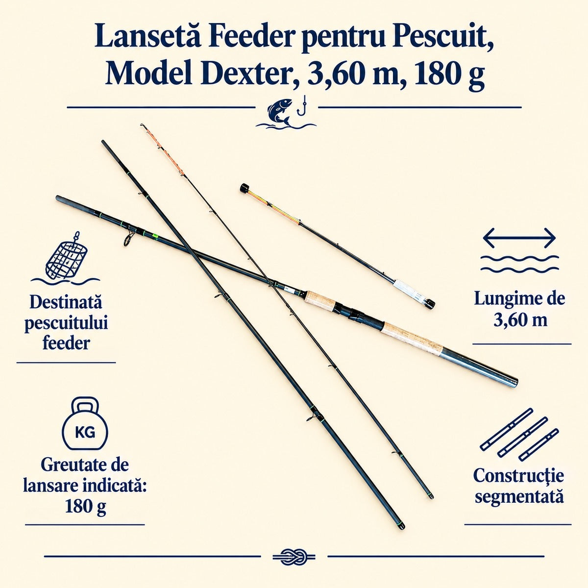 Lansetă Feeder pentru Pescuit, Model Dexter, 3,60 m, 180 g – caracteristici și beneficii