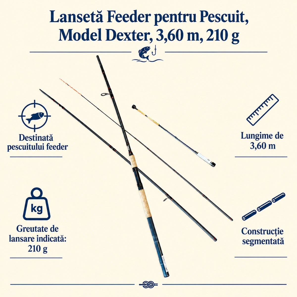 Lansetă Feeder pentru Pescuit, Model Dexter, 3,60 m, 210 g – caracteristici și beneficii