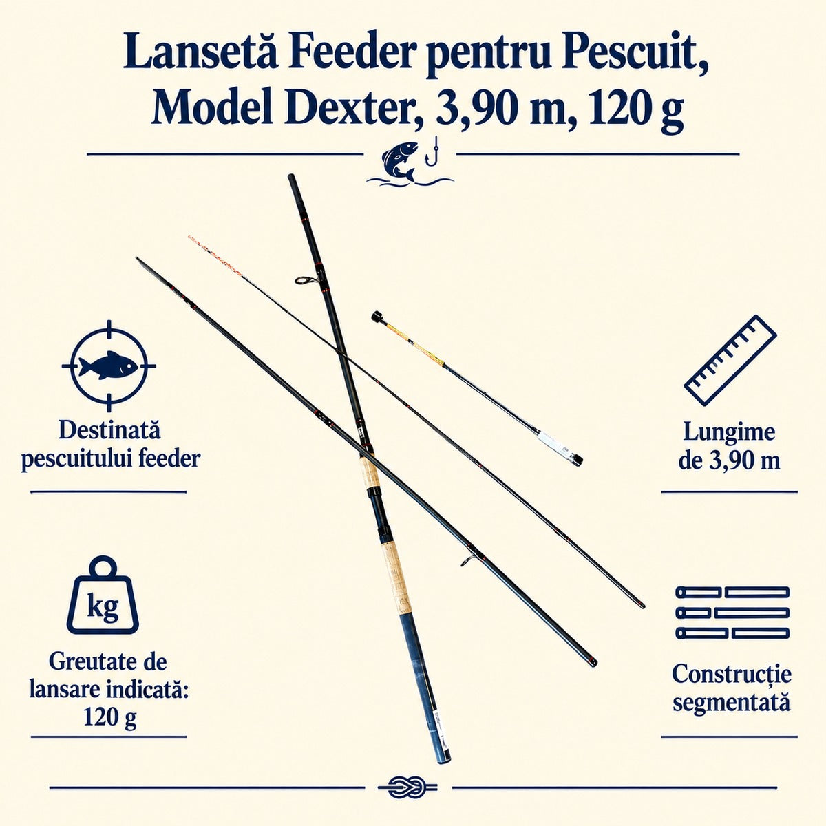 Lansetă Feeder pentru Pescuit, Model Dexter, 3,90 m, 120 g – caracteristici și beneficii