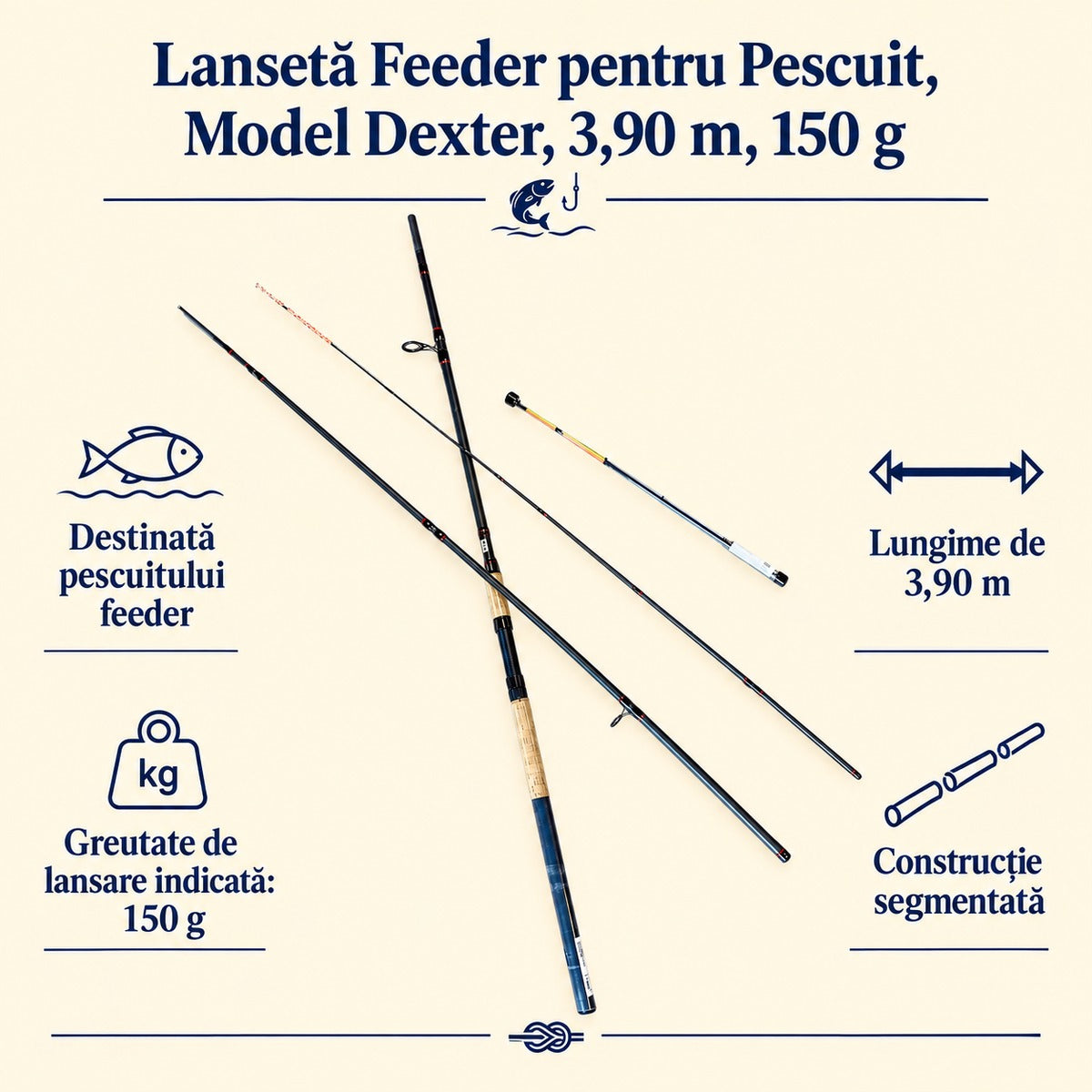 Lansetă Feeder pentru Pescuit, Model Dexter, 3,90 m, 150 g – caracteristici și beneficii