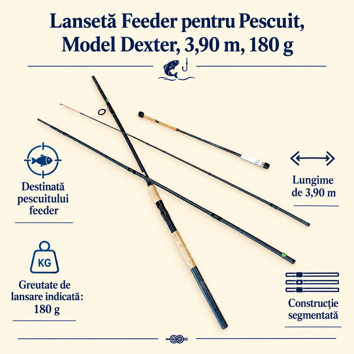 Lansetă Feeder pentru Pescuit, Model Dexter, 3,90 m, 180 g – caracteristici și beneficii