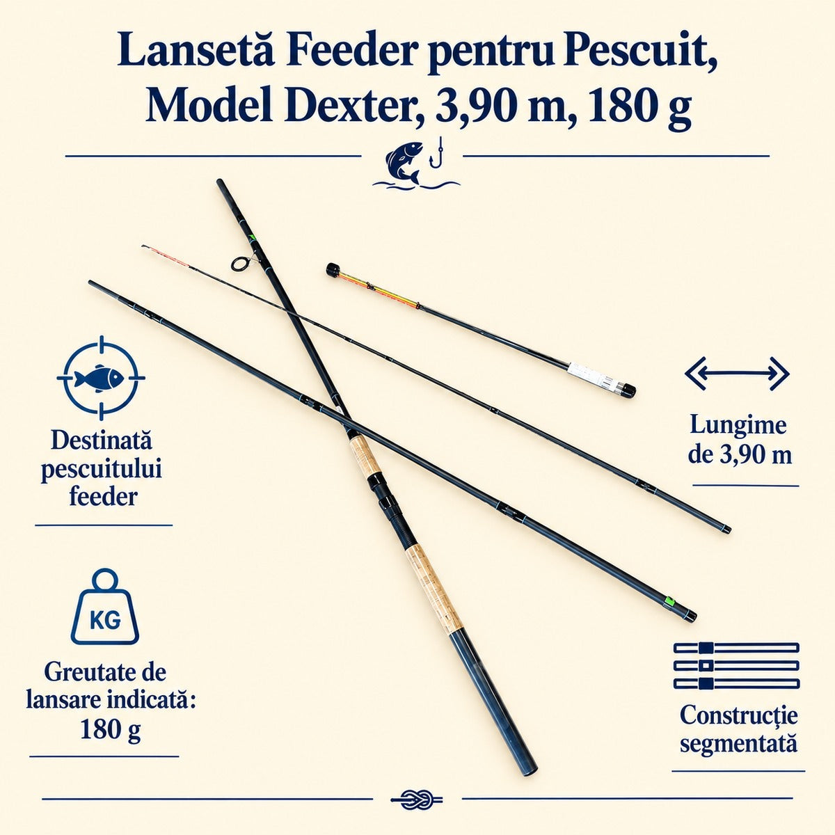 Lansetă Feeder pentru Pescuit, Model Dexter, 3,90 m, 180 g – caracteristici și beneficii