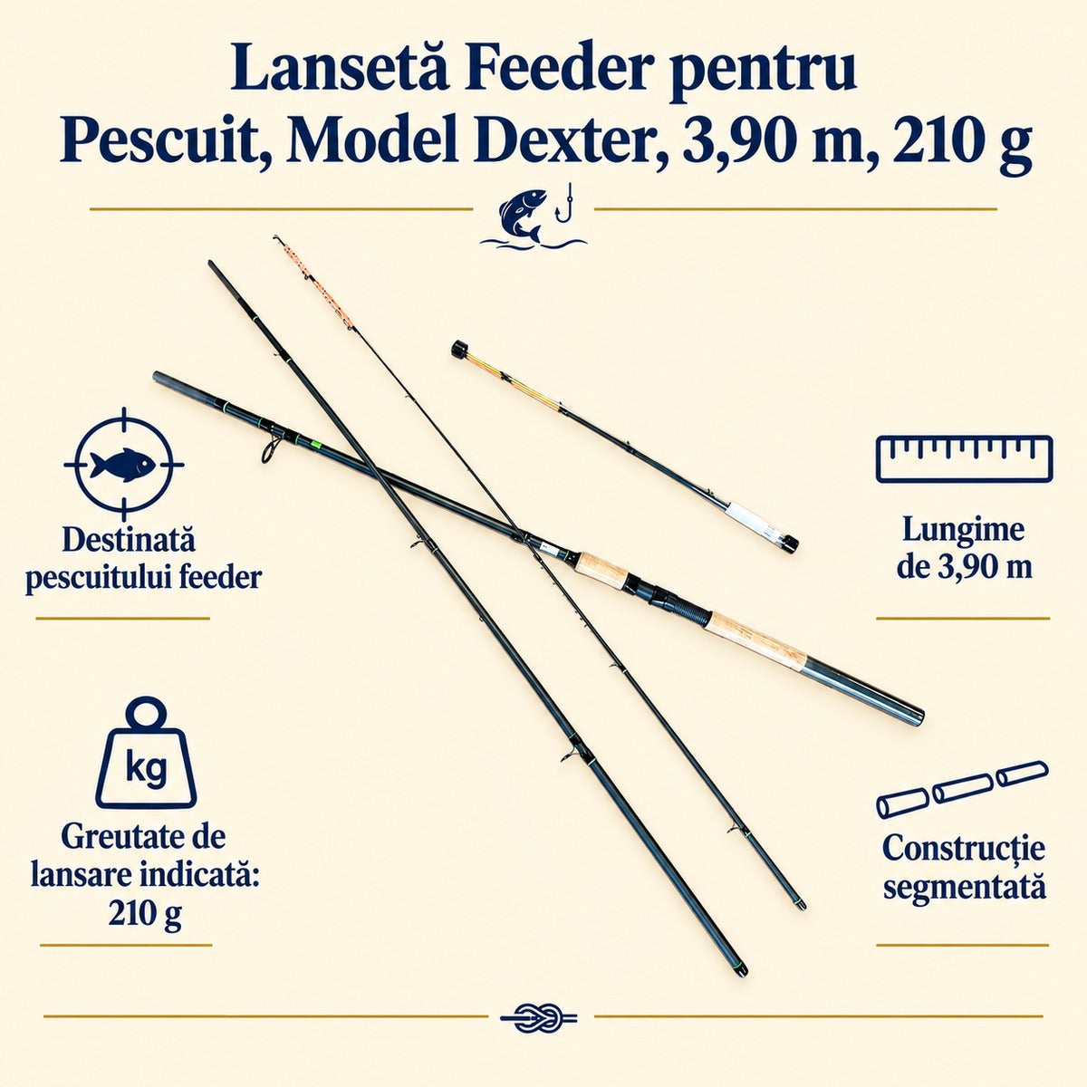 Lansetă Feeder pentru Pescuit, Model Dexter, 3,90 m, 210 g – caracteristici și beneficii