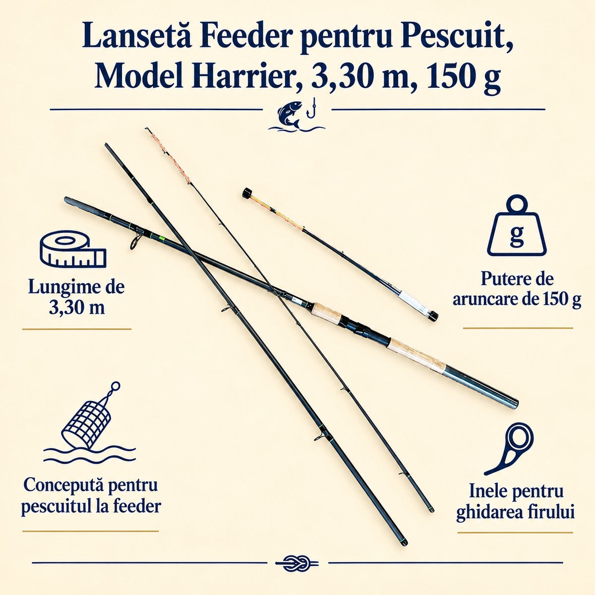 Lansetă Feeder pentru Pescuit, Model Harrier, 3,30 m, 150 g – caracteristici și beneficii