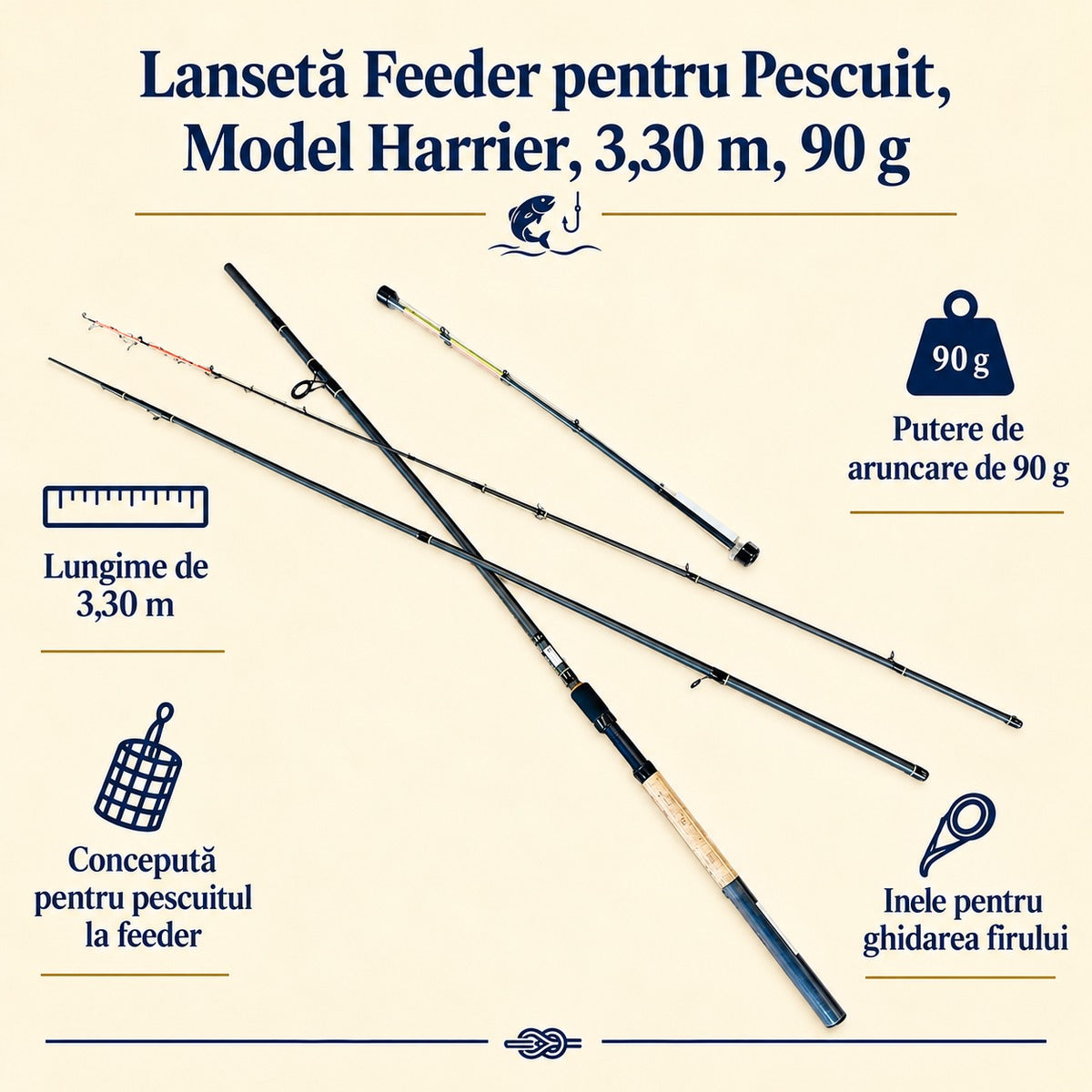 Lansetă Feeder pentru Pescuit, Model Harrier, 3,30 m, 90 g – caracteristici și beneficii