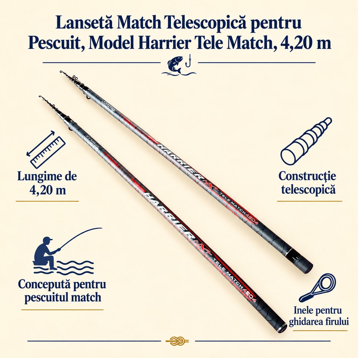 Lansetă Match Telescopică pentru Pescuit, Model Harrier Tele Match, 4,20 m – caracteristici și beneficii