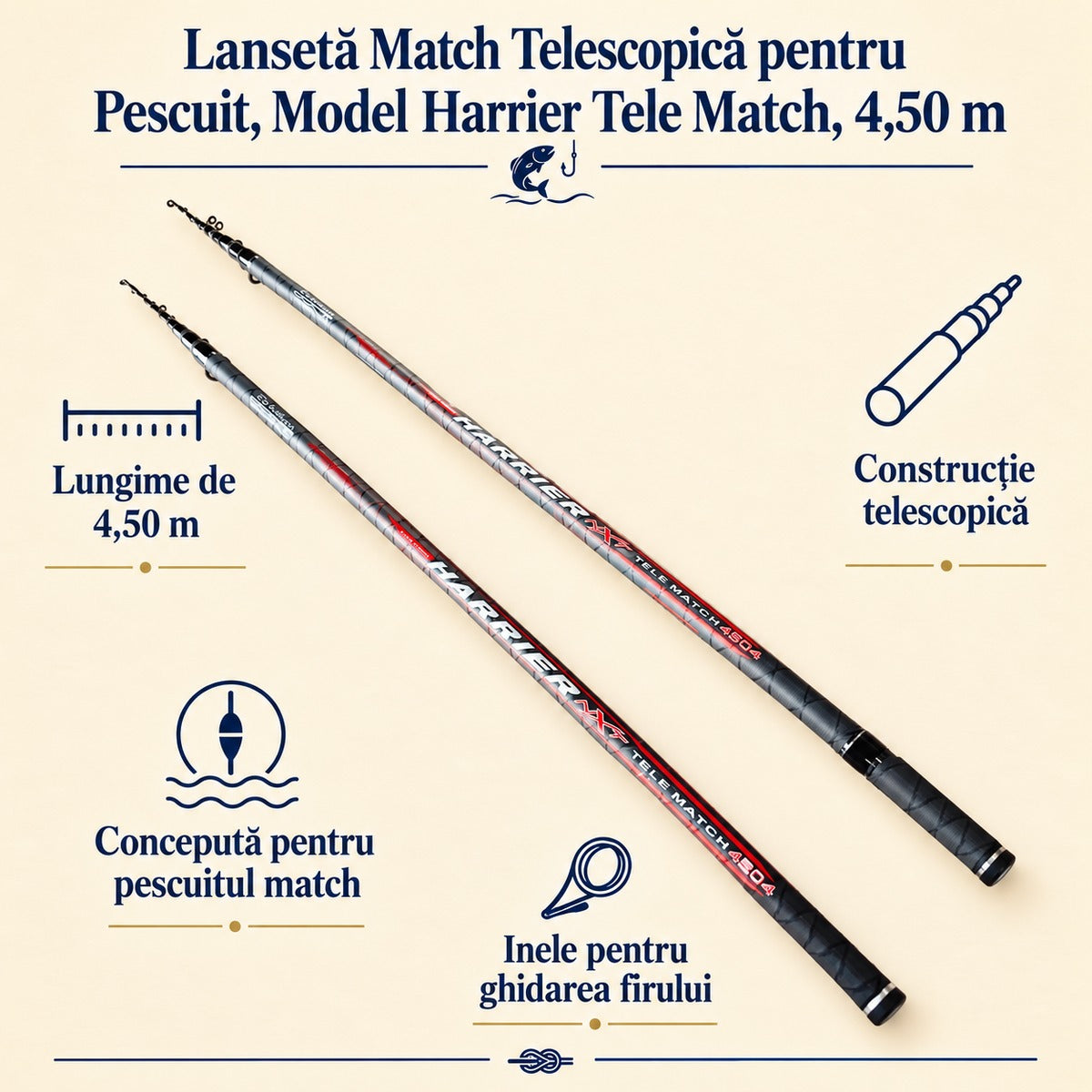 Lansetă Match Telescopică pentru Pescuit, Model Harrier Tele Match, 4,50 m – caracteristici și beneficii
