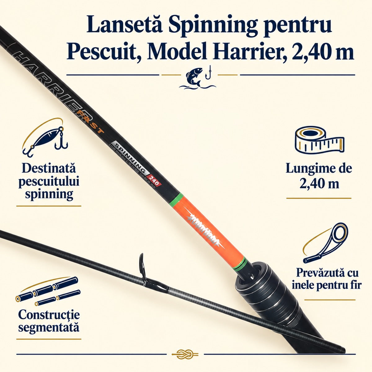 Lansetă Spinning pentru Pescuit, Model Harrier, 2,40 m – caracteristici și beneficii