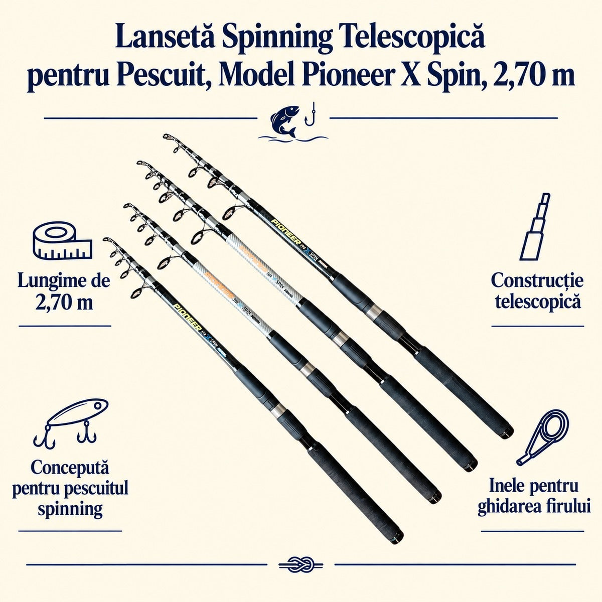 Lansetă Spinning Telescopică pentru Pescuit, Model Pioneer X Spin, 3 m