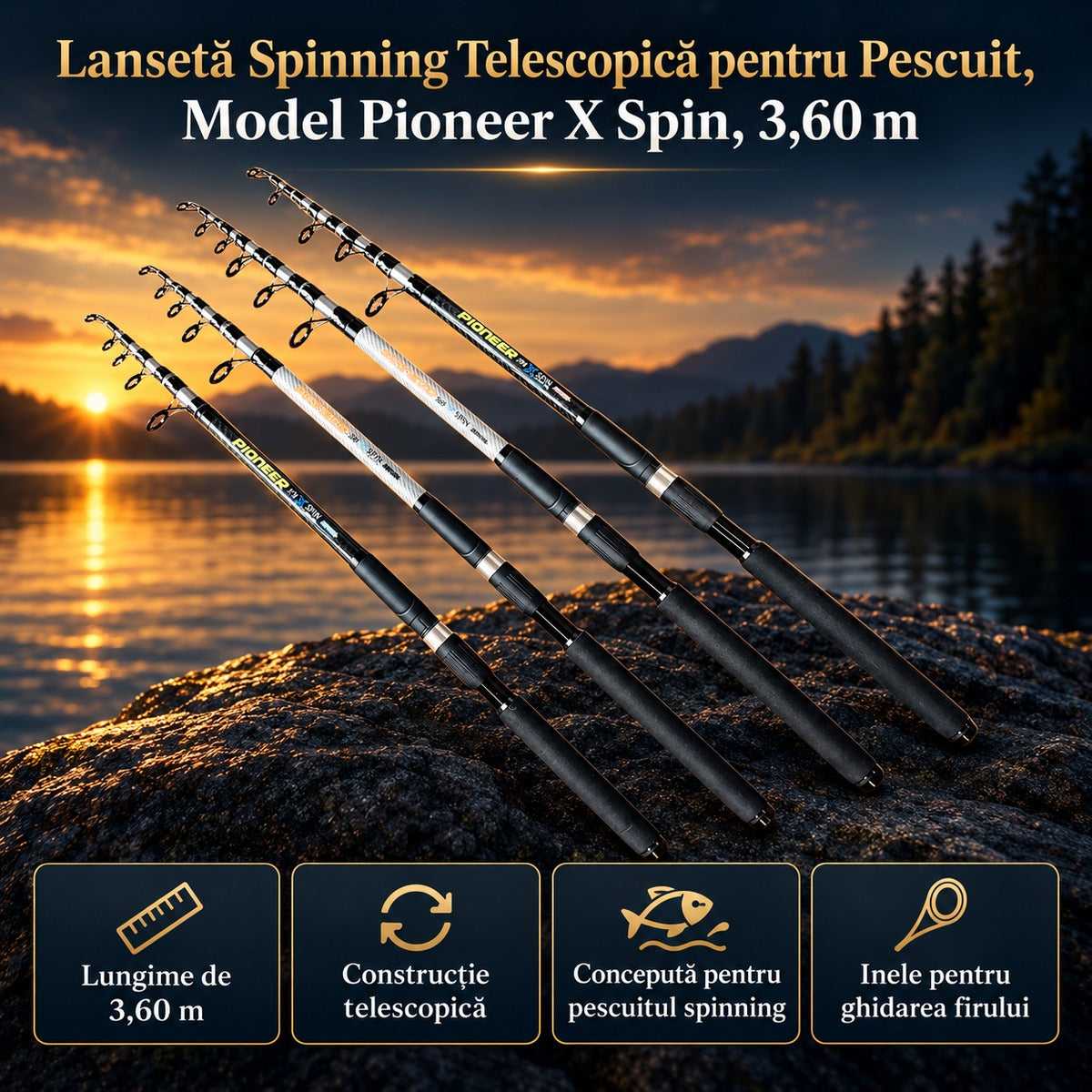 Lansetă Spinning Telescopică pentru Pescuit, Model Pioneer X Spin, 3,60 m