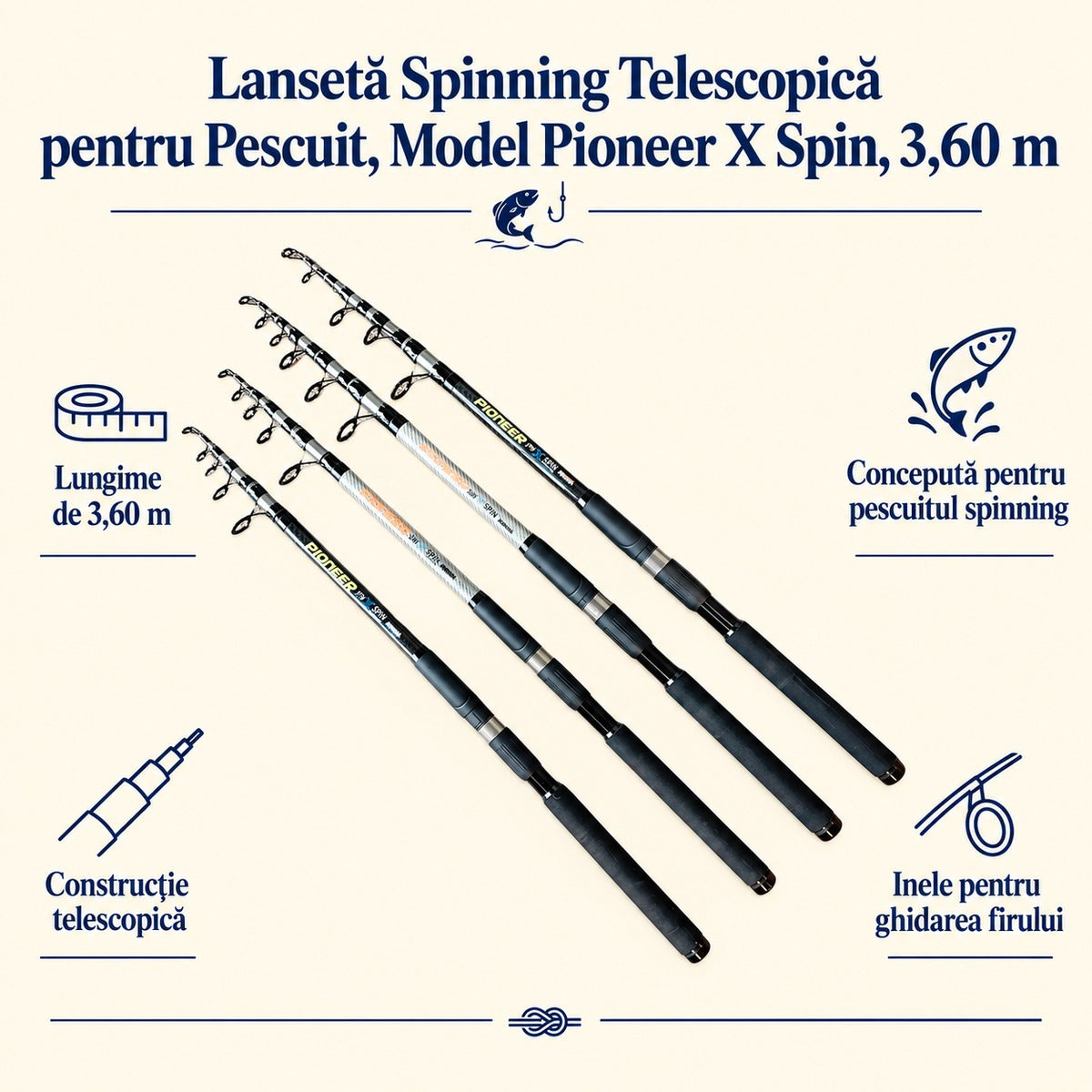 Lansetă Spinning Telescopică pentru Pescuit, Model Pioneer X Spin, 3,60 m