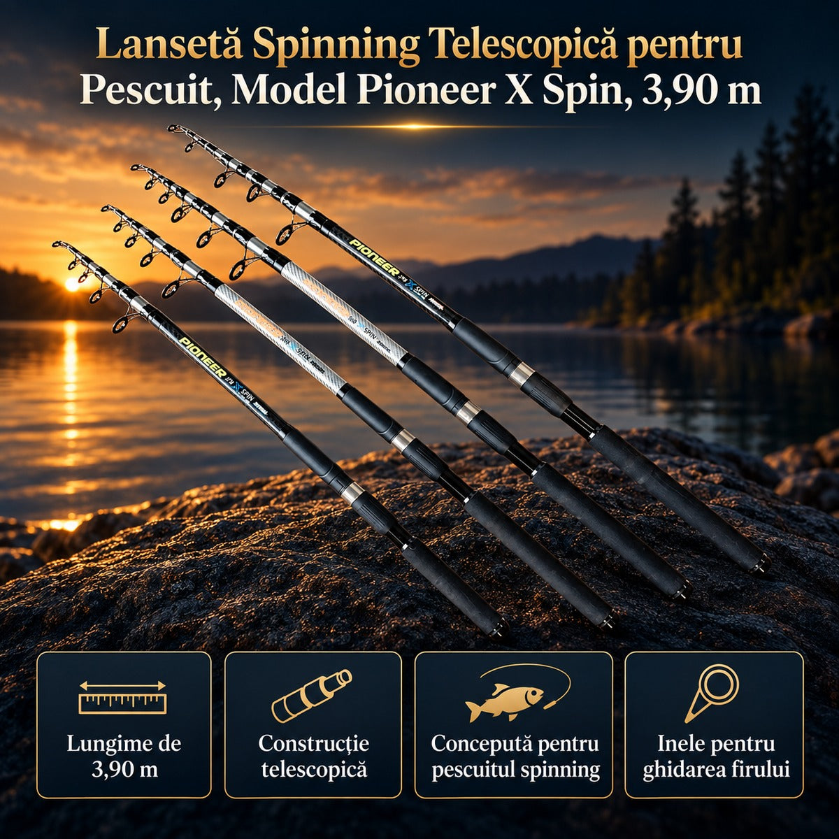 Lansetă Spinning Telescopică pentru Pescuit, Model Pioneer X Spin, 3,90 m – imagine principală promoțională