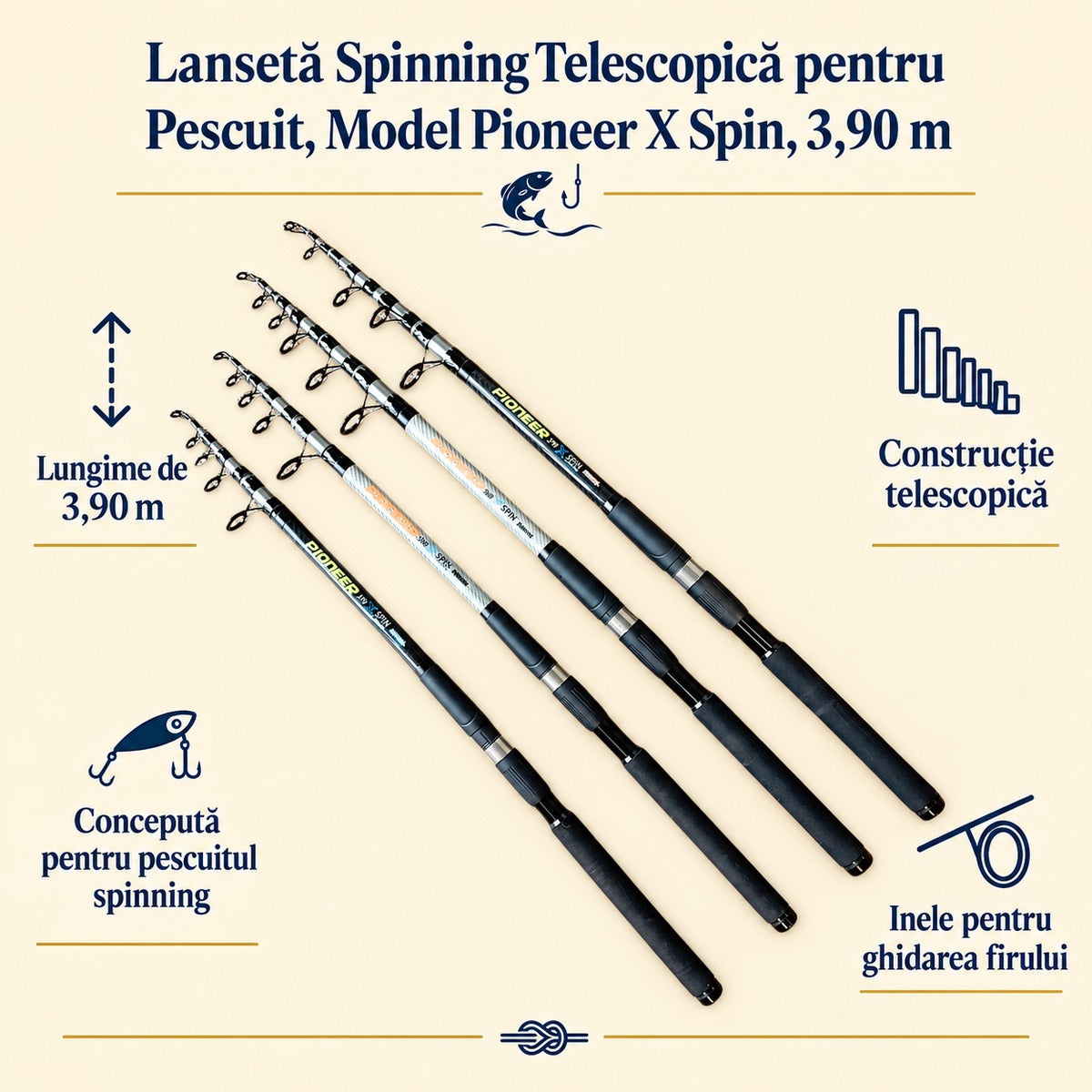 Lansetă Spinning Telescopică pentru Pescuit, Model Pioneer X Spin, 3,90 m