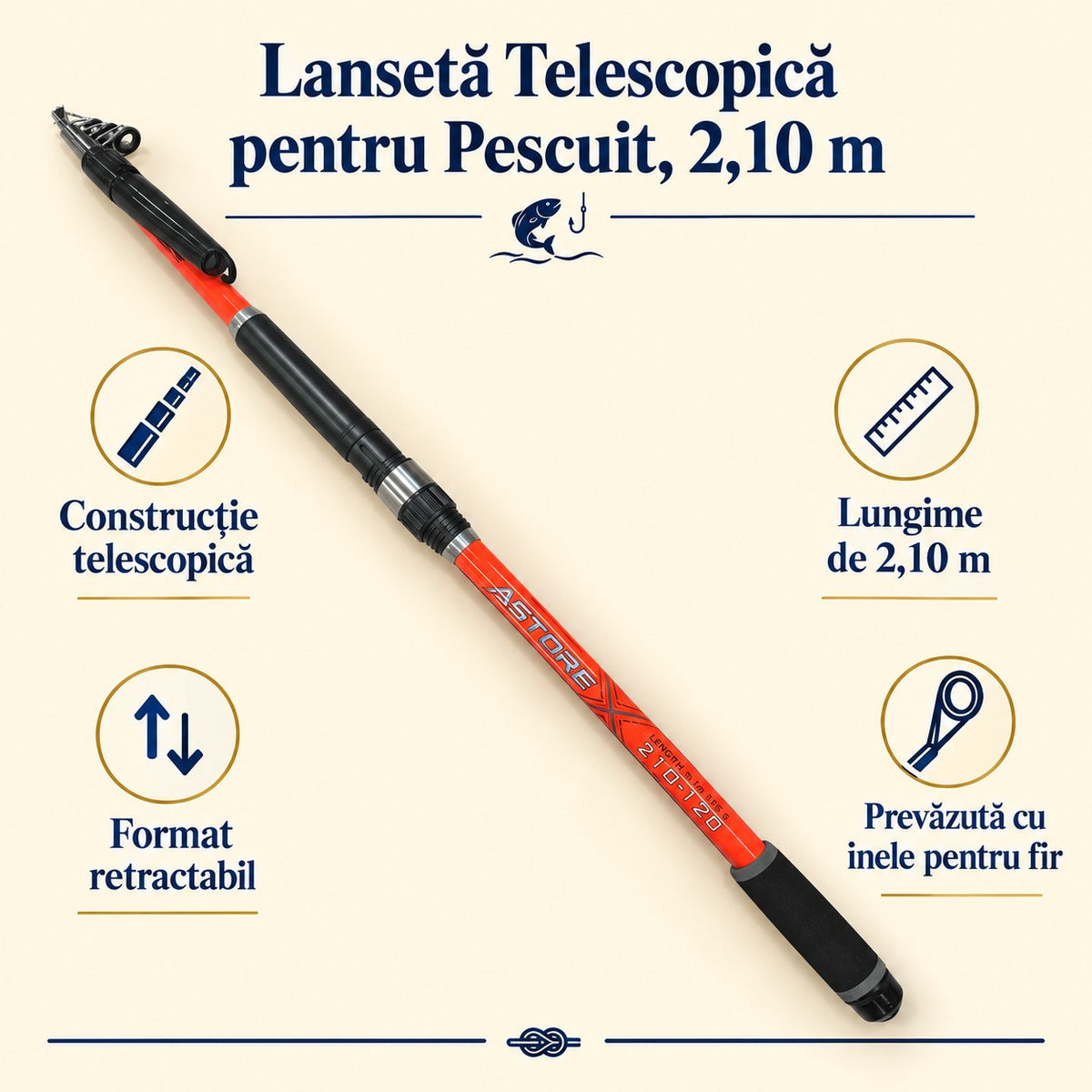 Lansetă Telescopică pentru Pescuit, 2,10 m – caracteristici și beneficii