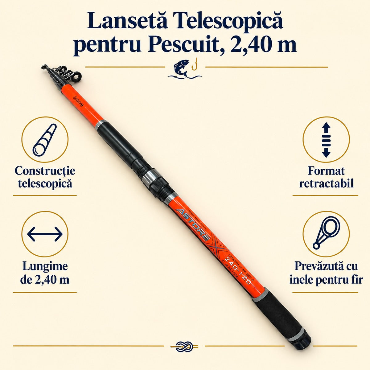 Lansetă Telescopică pentru Pescuit, 2,40 m – caracteristici și beneficii