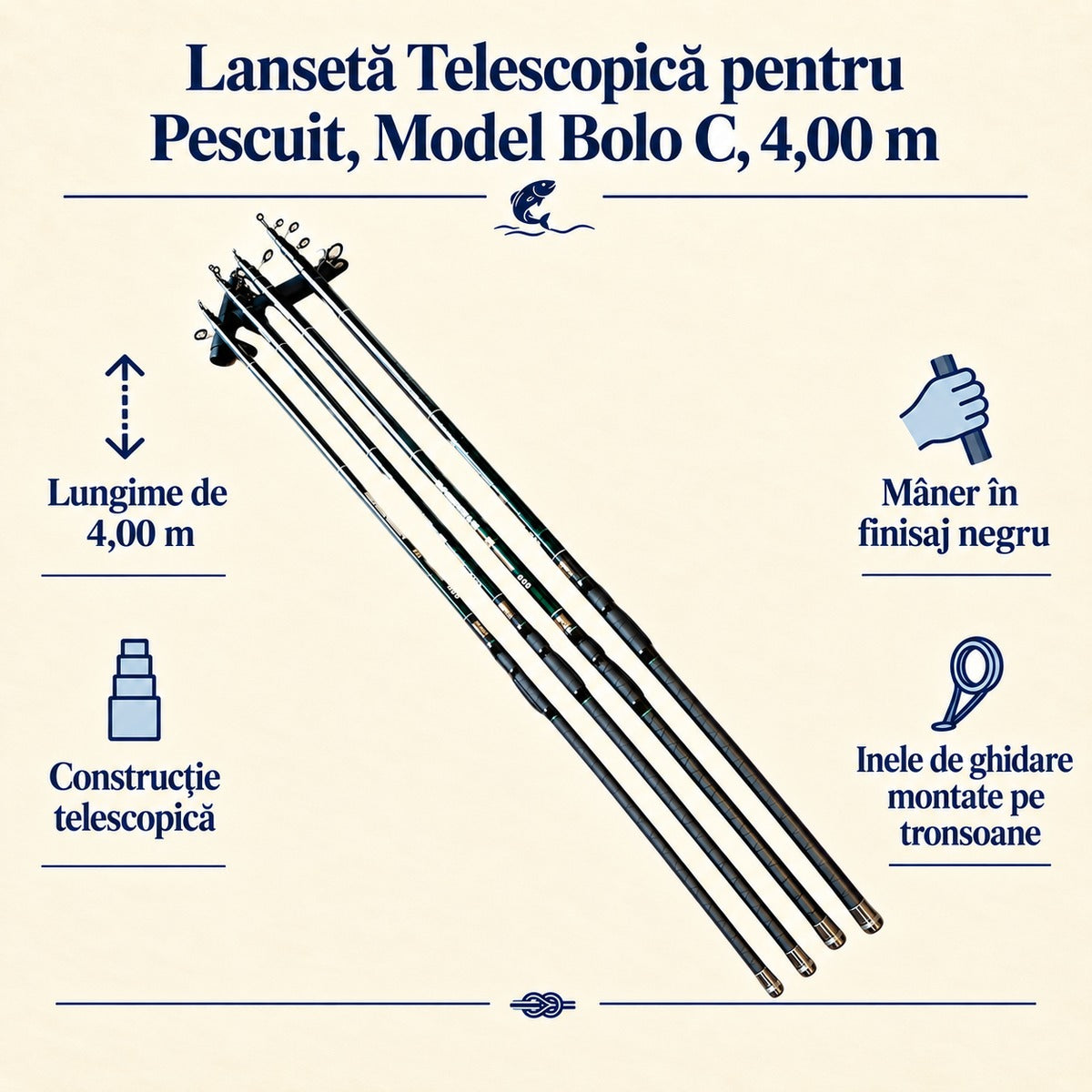 Lansetă Telescopică pentru Pescuit, Model Bolo C, 4,00 m – caracteristici și beneficii