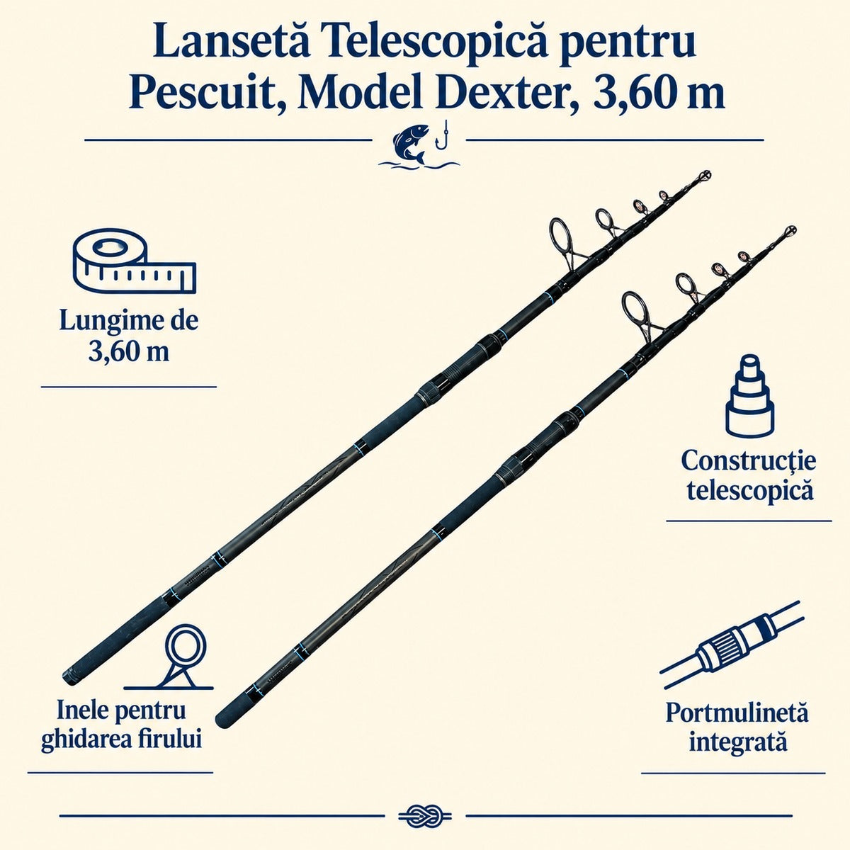 Lansetă Telescopică pentru Pescuit, Model Dexter, 3,60 m – caracteristici și beneficii