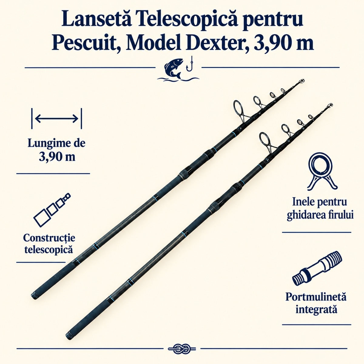 Lansetă Telescopică pentru Pescuit, Model Dexter, 3,90 m – caracteristici și beneficii