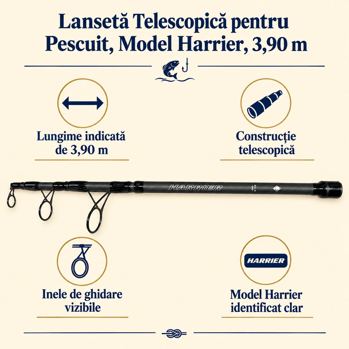 Lansetă Telescopică pentru Pescuit, Model Harrier, 3,90 m – caracteristici și beneficii
