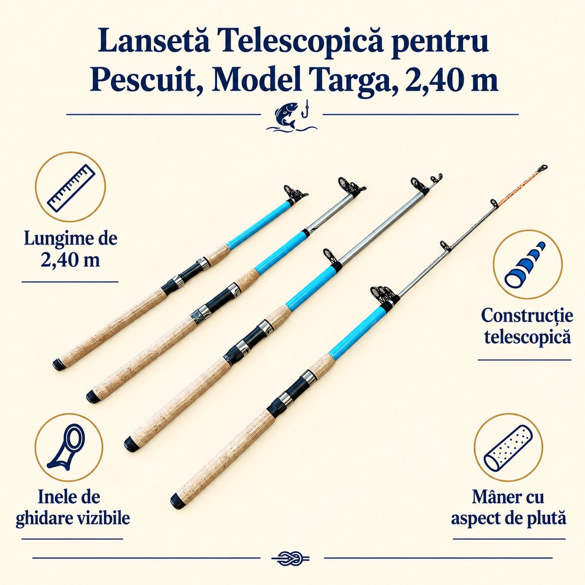 Lansetă Telescopică pentru Pescuit, Model Targa, 2,40 m – caracteristici și beneficii