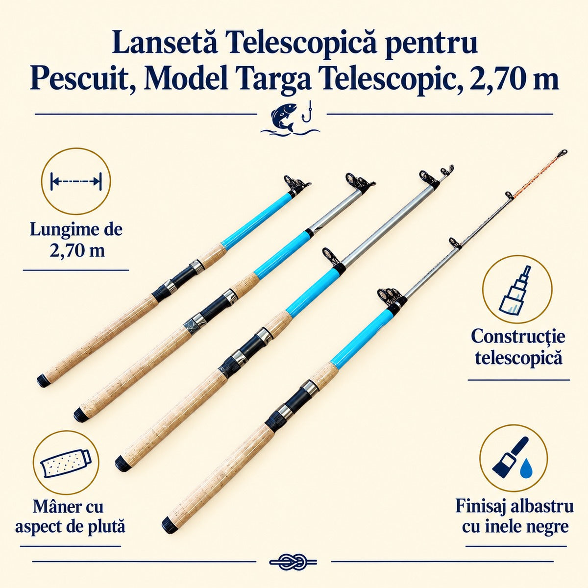 Lansetă Telescopică pentru Pescuit, Model Targa Telescopic, 2,70 m – caracteristici și beneficii