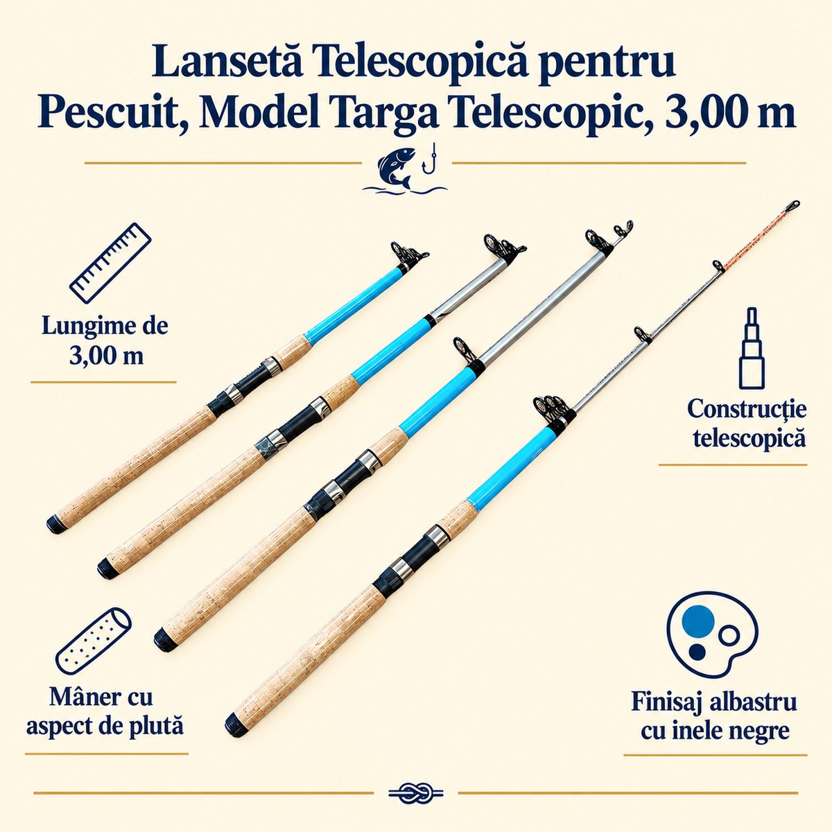Lansetă Telescopică pentru Pescuit, Model Targa Telescopic, 3,00 m – caracteristici și beneficii
