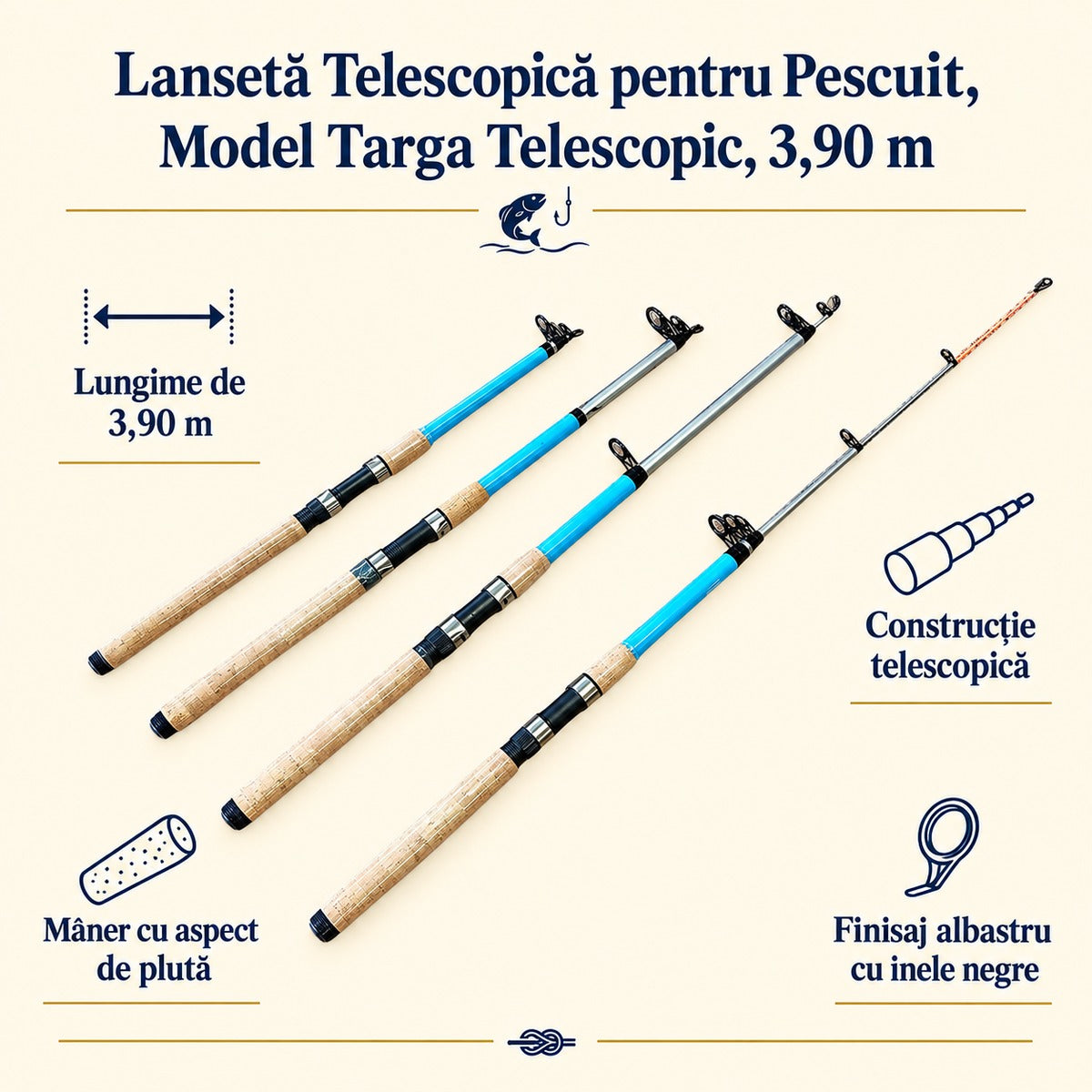Lansetă Telescopică pentru Pescuit, Model Targa Telescopic, 3,90 m – caracteristici și beneficii